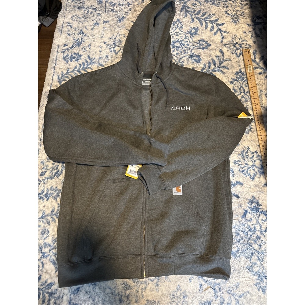 NWT Carhartt Mens Grey L Loose Fit Front Zip Drawstring Hood Jacket Work